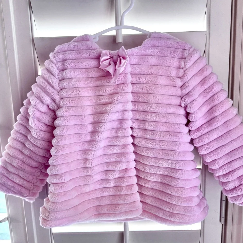 Little Me Pink Faux Fur Ribbed Jacket Toddler Girl 2T Satin Bow Coat
